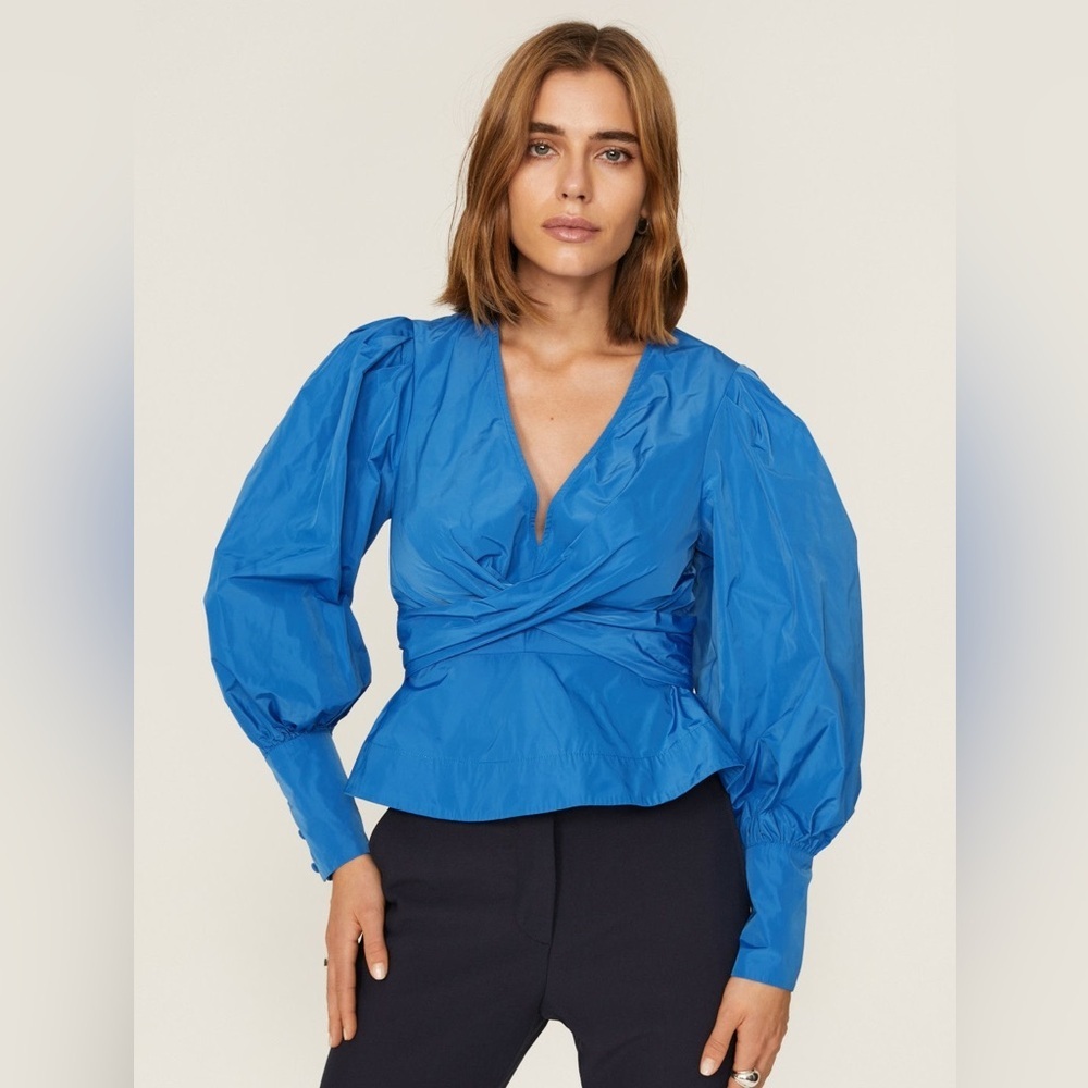 Veronica Beard Seema Bluebell Blue Twist Front Puff Sleeve Blouse Size 4 (Flaw)